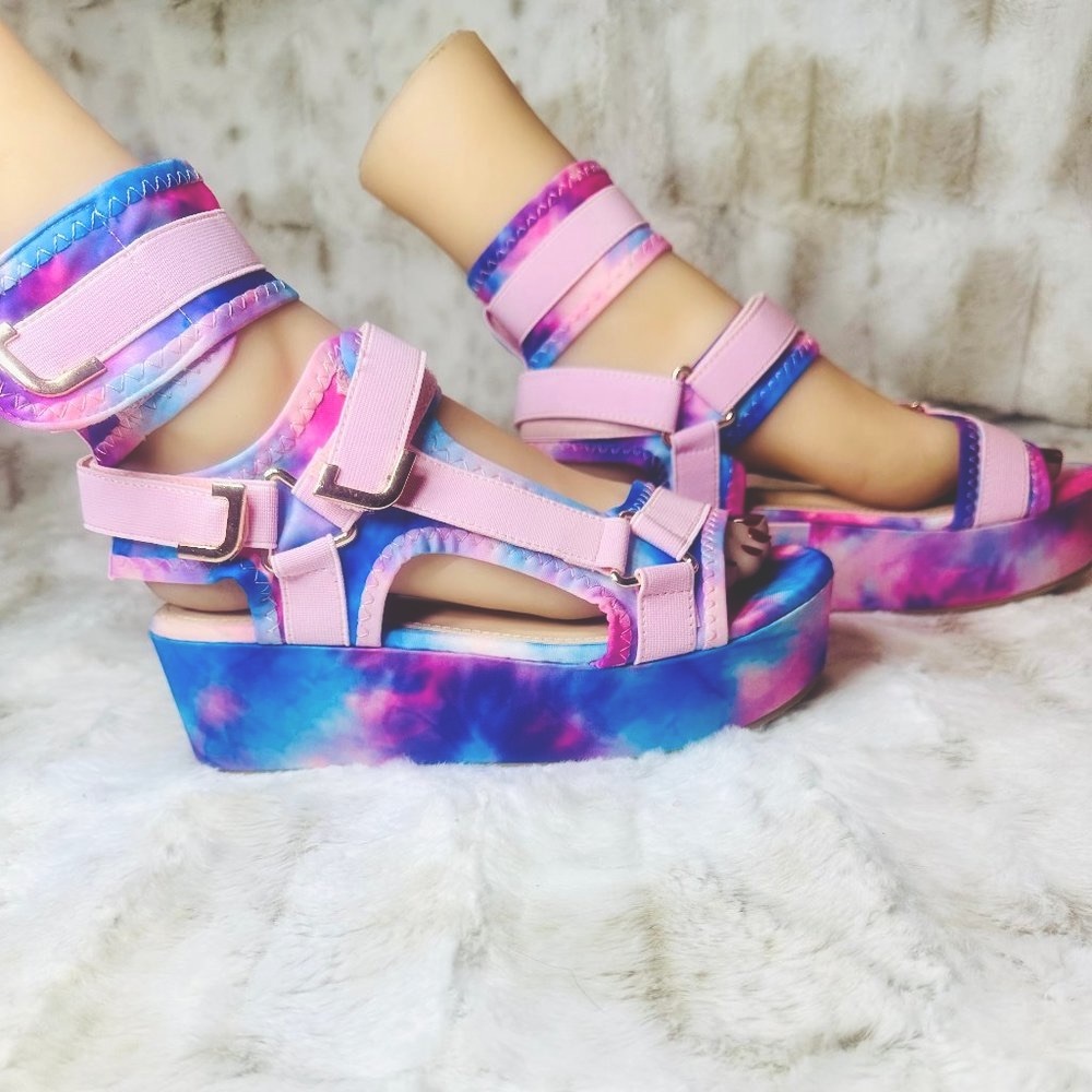 Pazzle Cotton Candy Platform Tie Dye Pink Harness Strap Sandals - Picture 3 of 9